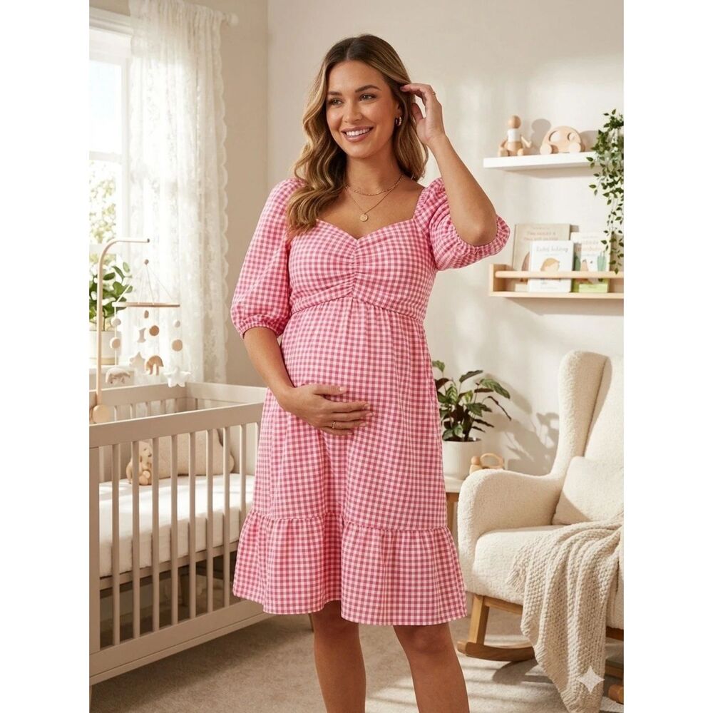 Boohoo Maternity Puff Sleeve Gingham Dress Womens Sz 12 Daisy Embroidery New